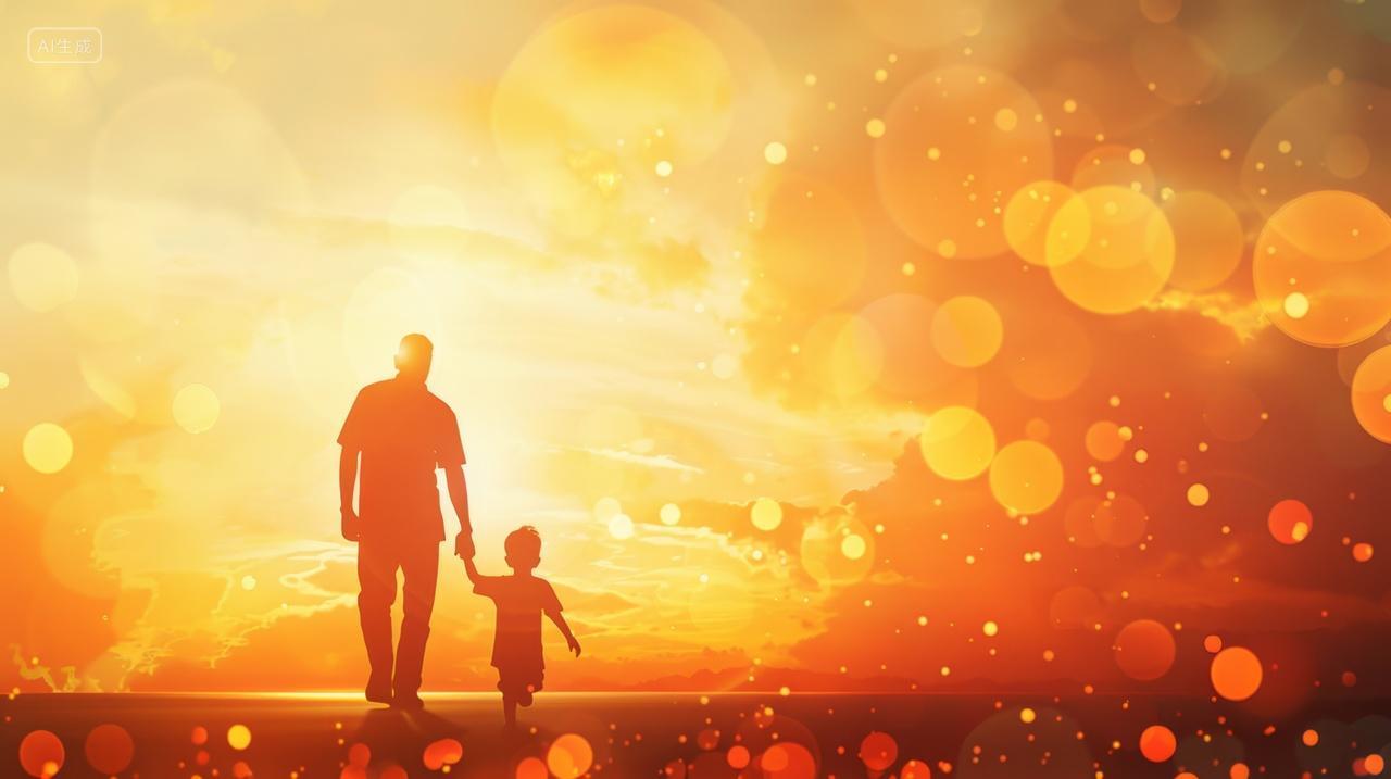 父亲节插图，爸爸牵着孩子的手剪影