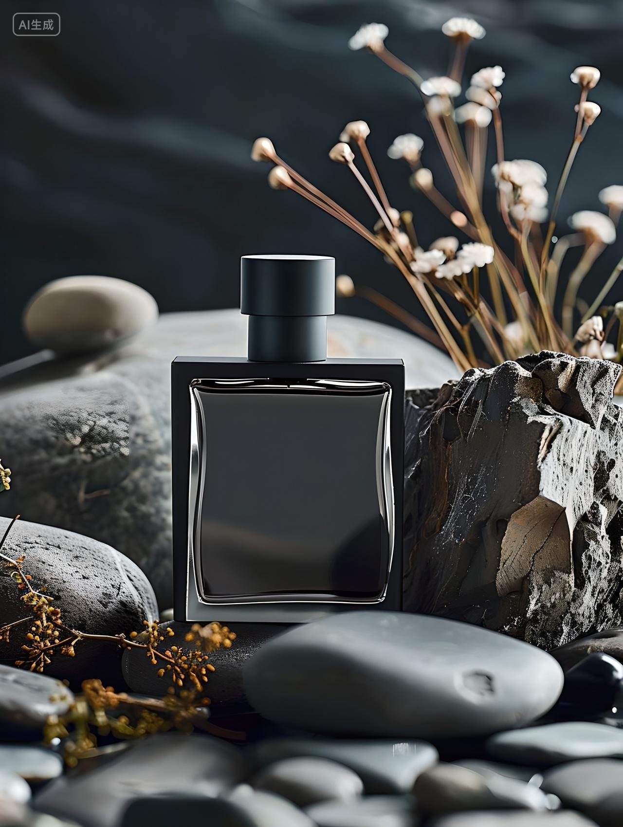 AI摄影图，男士香水，干花，岩石，黑色，冷色调，产品摄影，平面，封面，设计，氛围感
