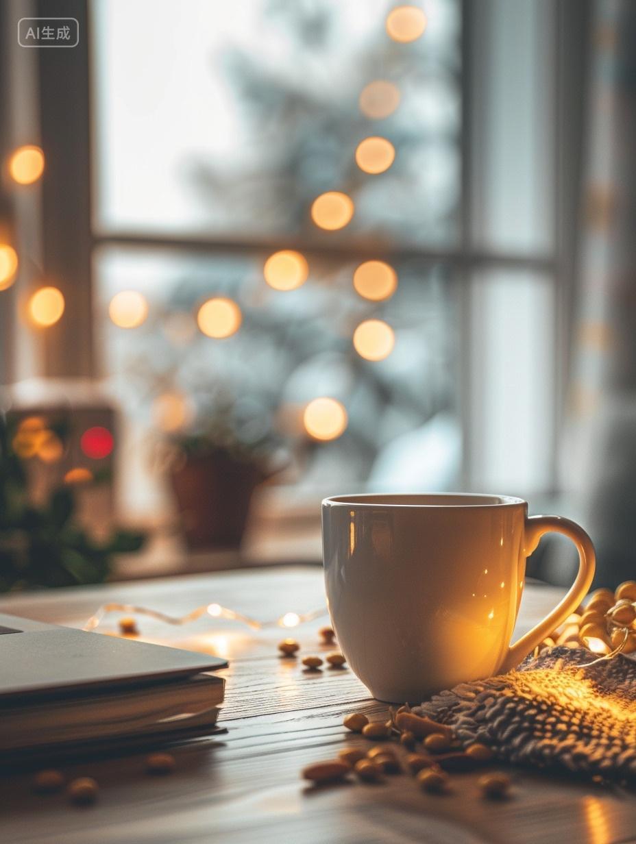 AI绘画，冬季傍晚，养生，氛围，咖啡，冬日，书籍，阅读，温暖