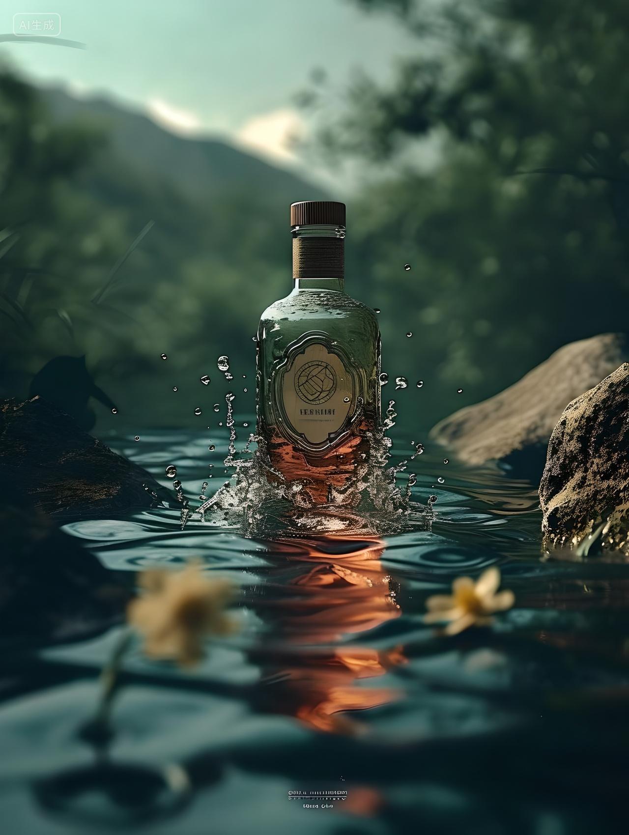 AI摄影，酒，水，矿泉水，平面设计，产品图，封面，包装设计，电商，艺术摄影，饮料