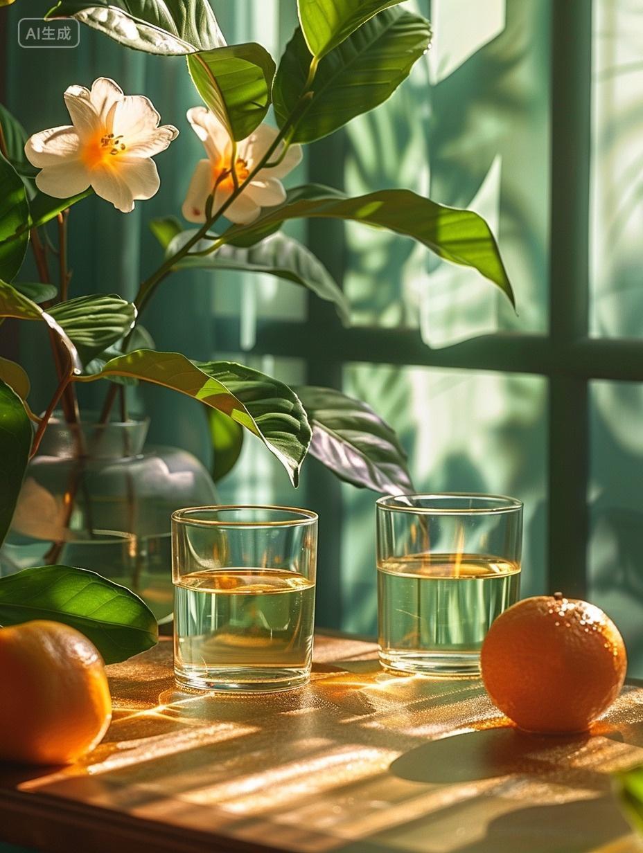 AI绘画，水，花，橘子，氛围感，窗边，阳光，午后，夏季，橘子味饮料