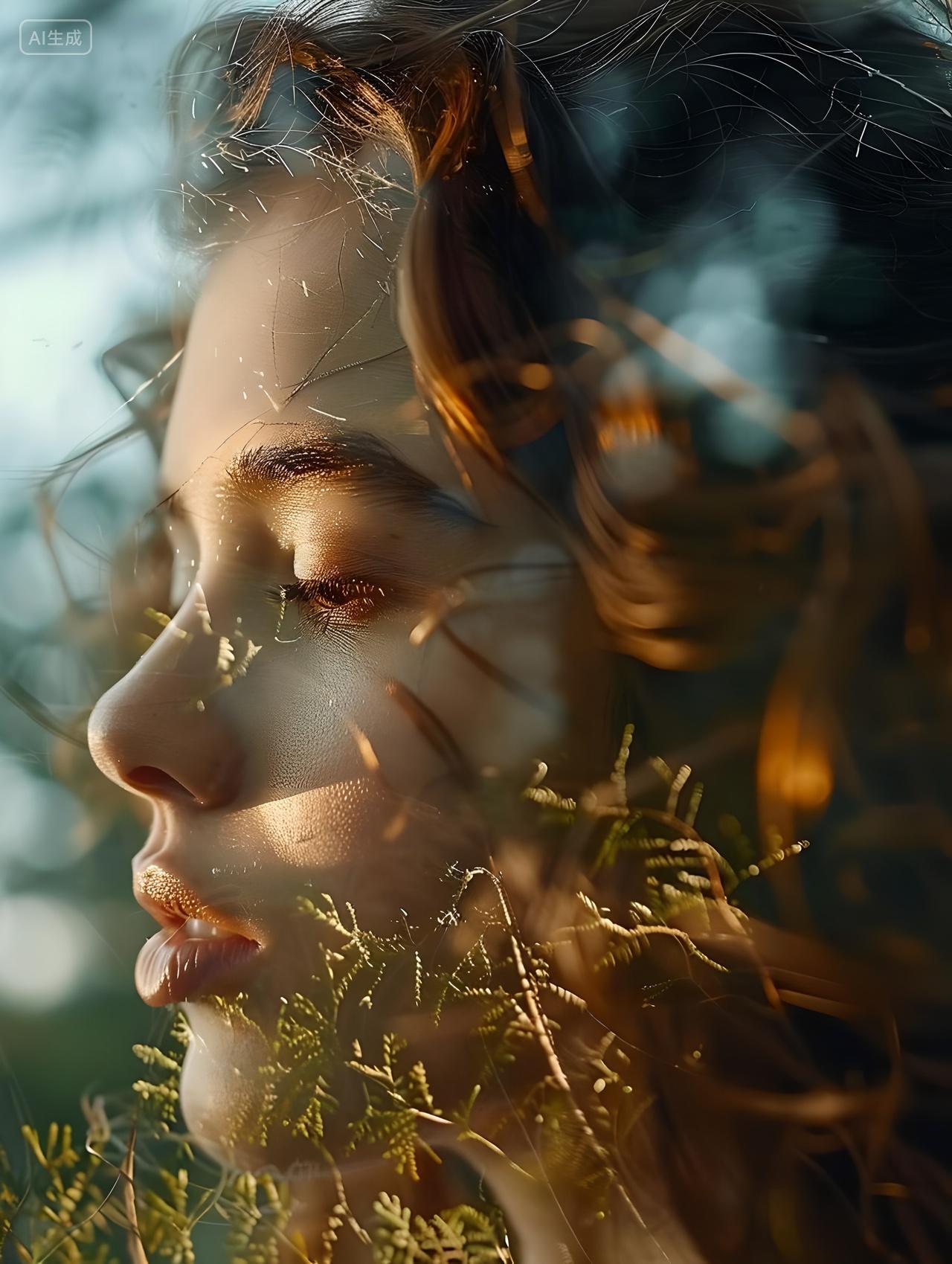 女孩，森系，双重曝光，文艺摄影，春季，阳光，绿植与少女