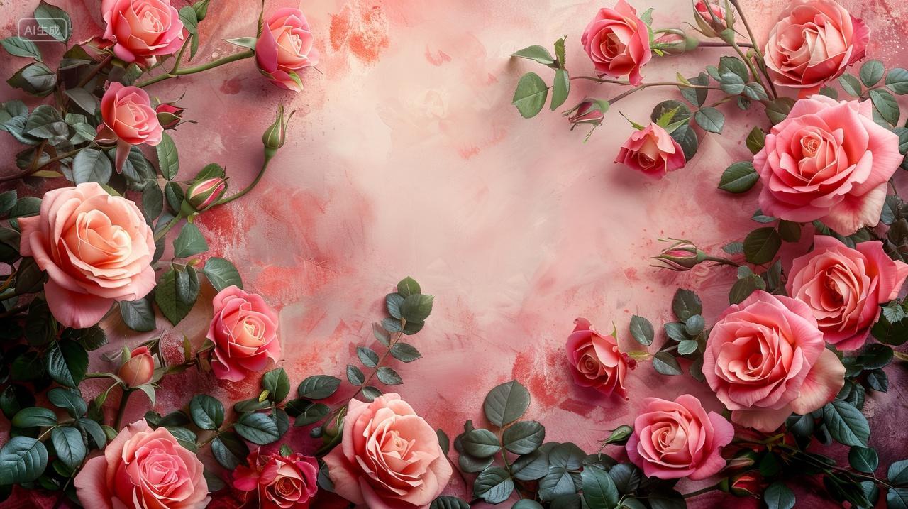 瞰视角粉色玫瑰花边框背景素材