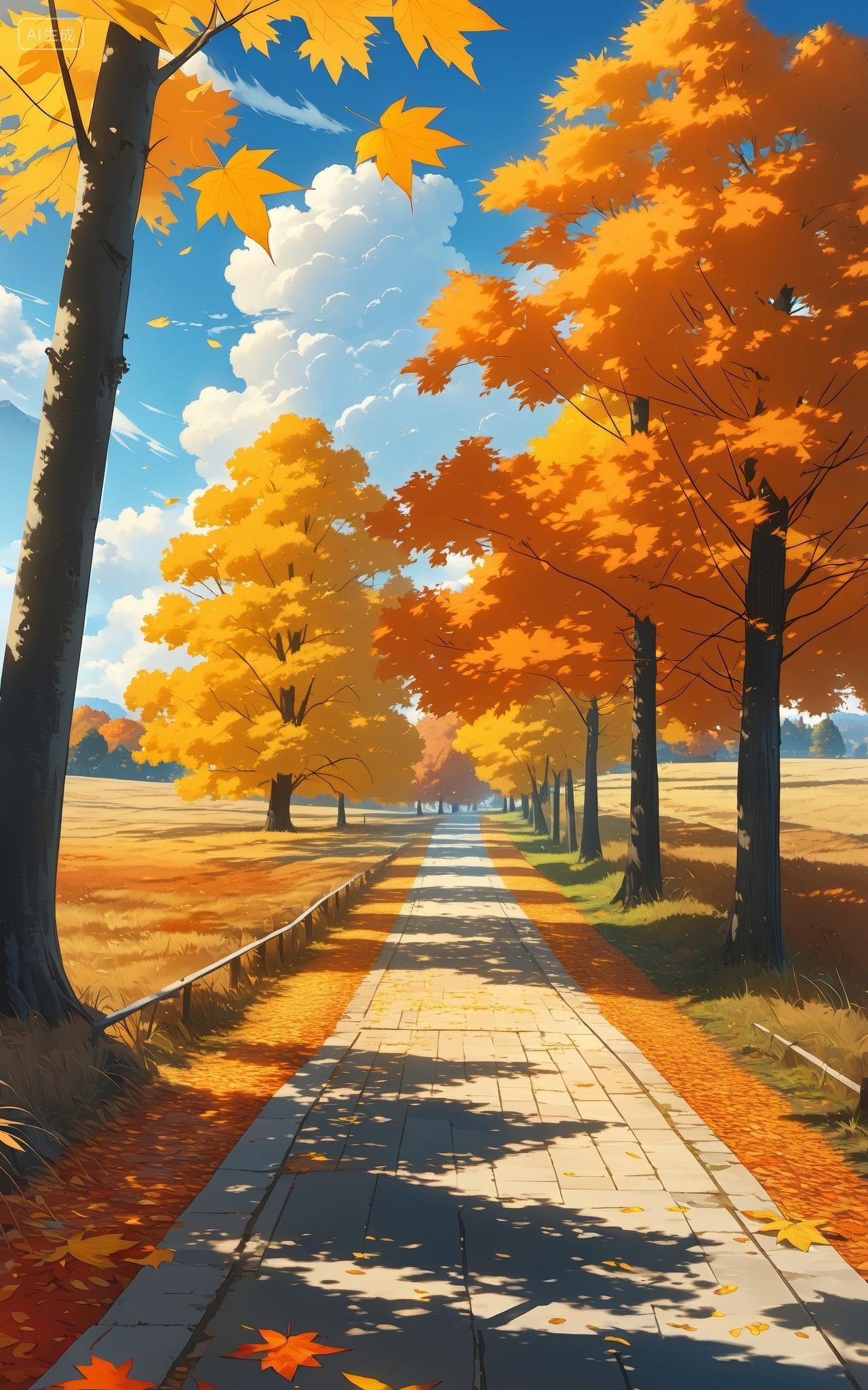 深秋小路风景插画壁纸