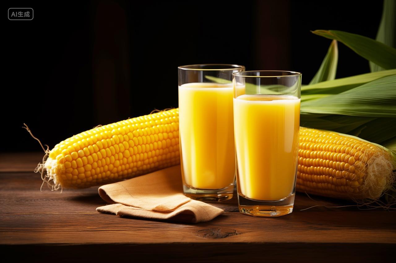 两杯玉米汁与玉米棒的搭配餐饮美食