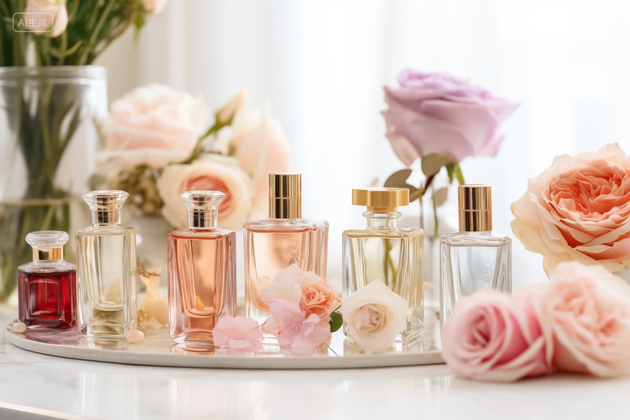 精致香水瓶与玫瑰花花卉装饰情人节礼物美容礼物