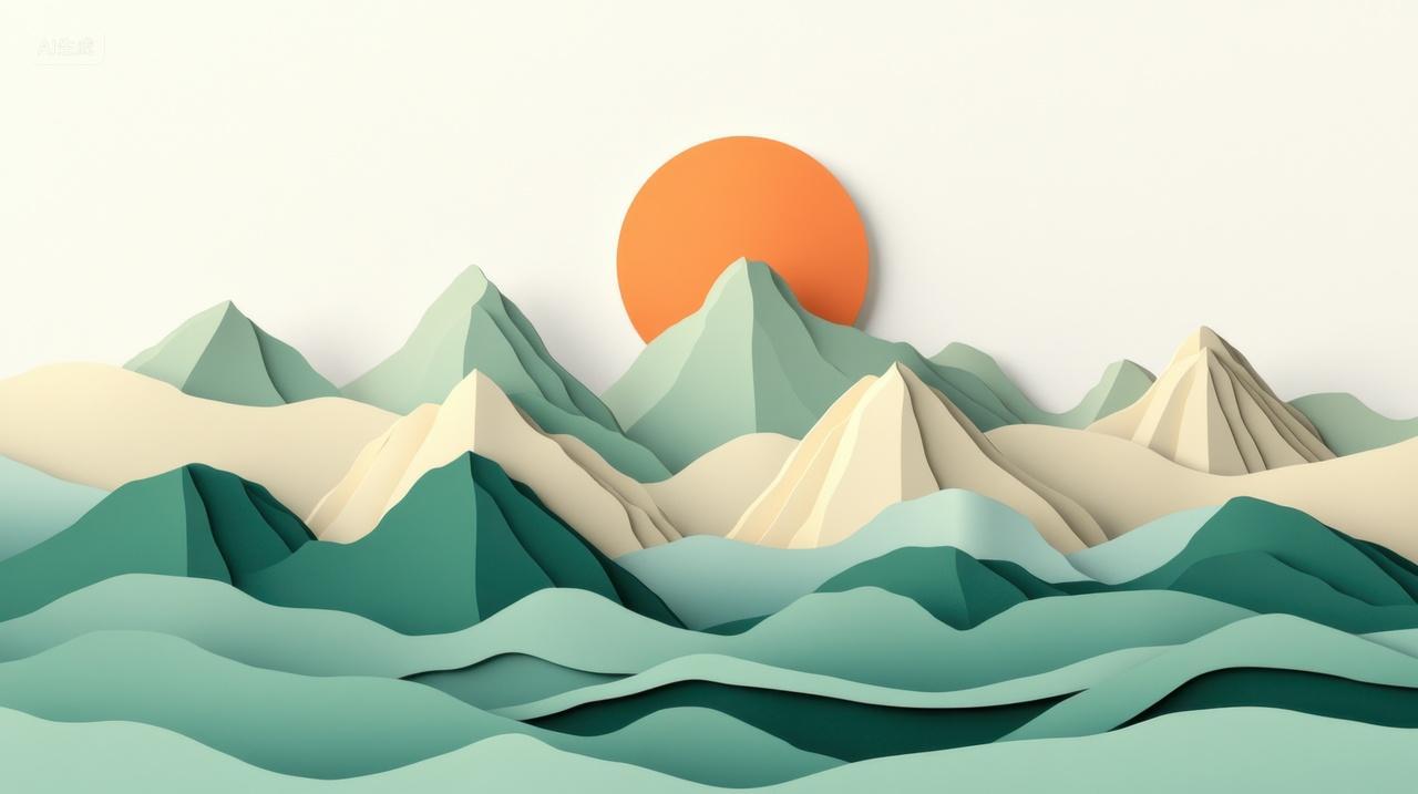 剪纸风山峦与日出背景