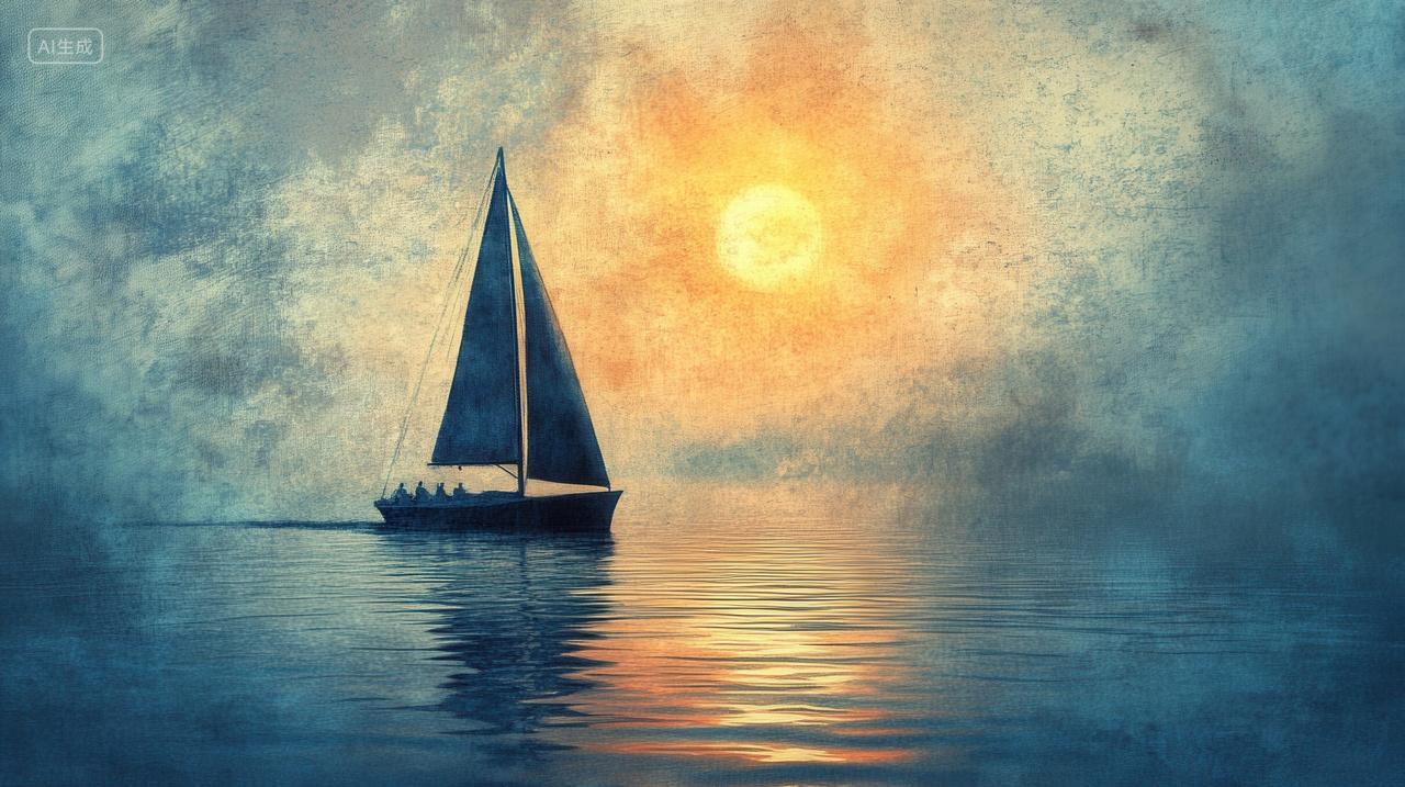 夕阳下孤独的帆船在航行