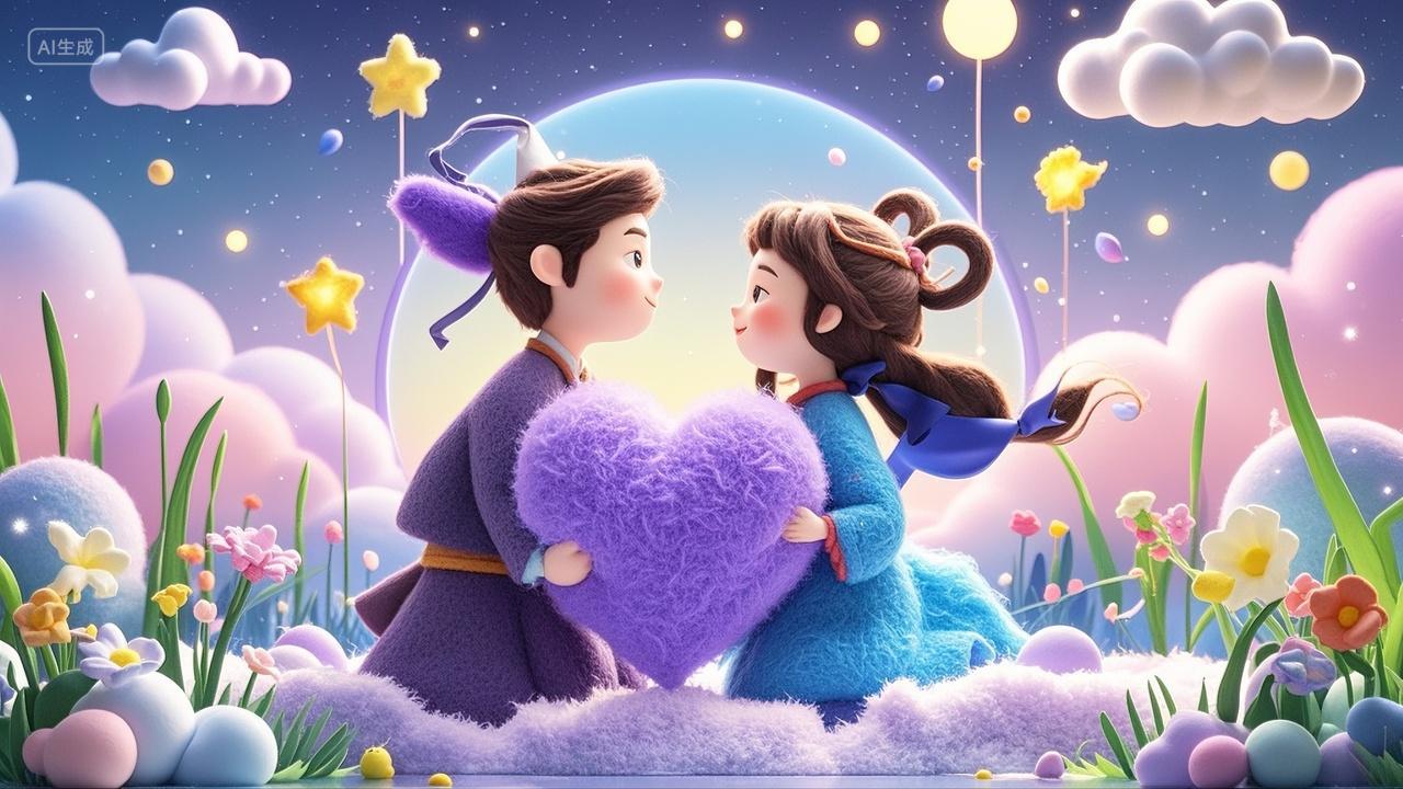 牛郎织女爱心羊毛毡风格七夕情人节520