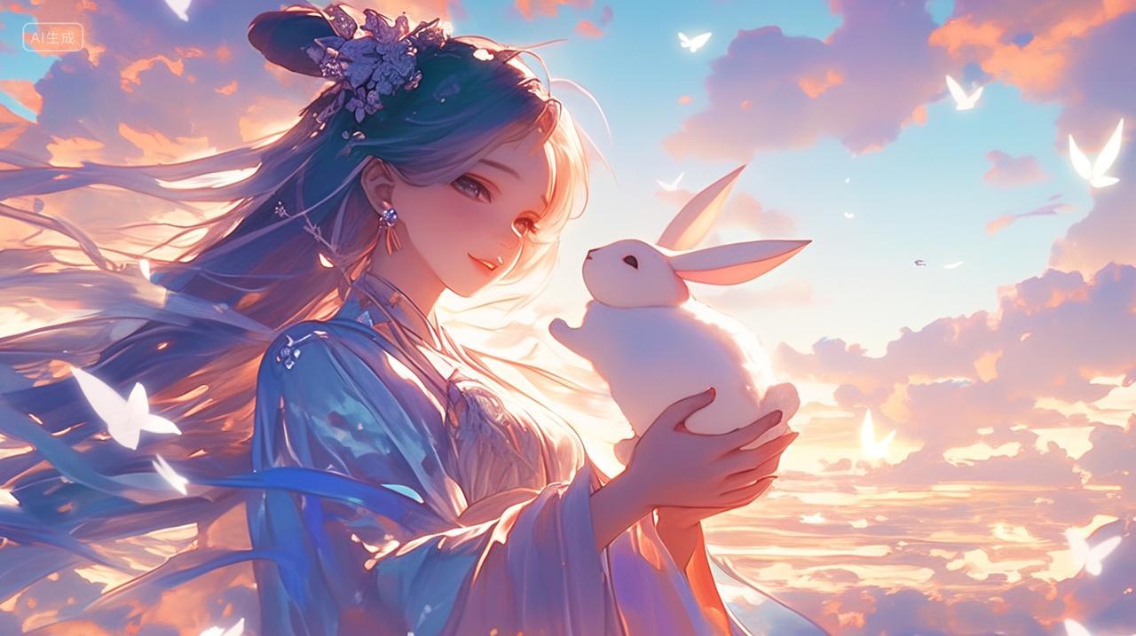 中国传统节日中秋节嫦娥手托玉兔嫦娥奔月插画背景