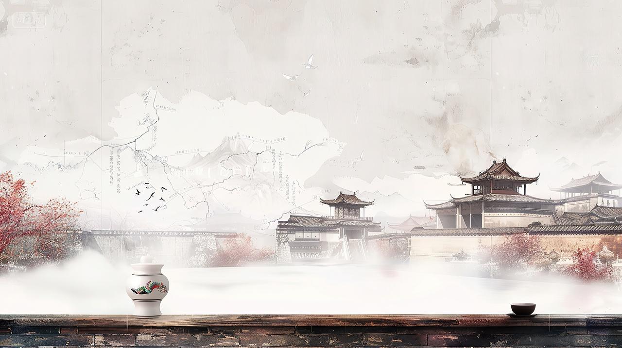 一个花瓶后面是一幅古风建筑壁画