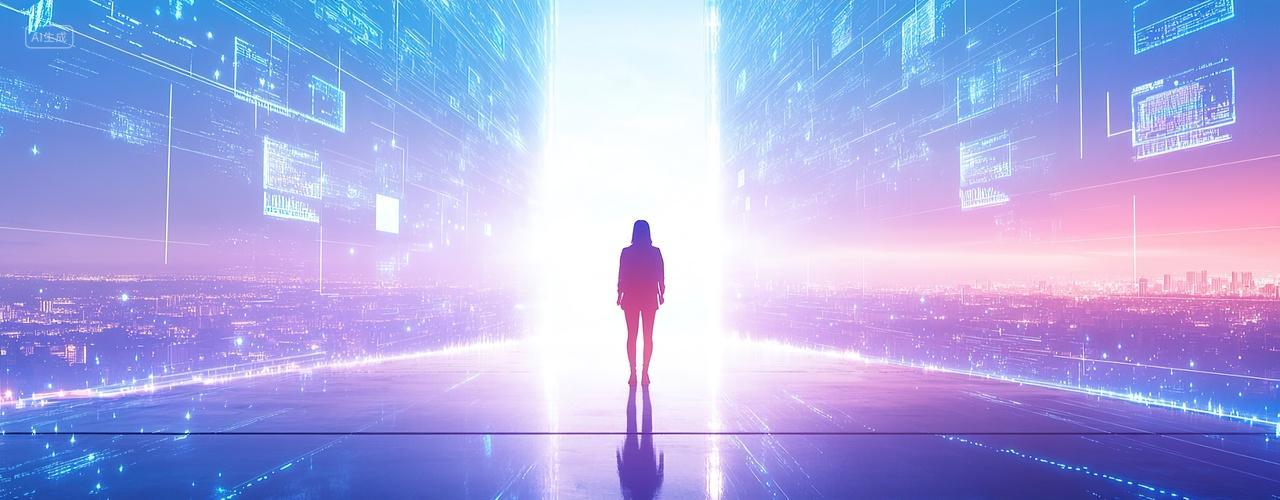 一个女孩站在科幻数据空间里
