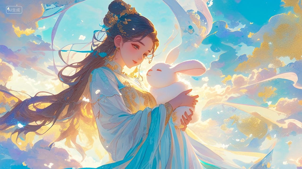 中国传统节日嫦娥在广寒宫抱着玉兔插画背景