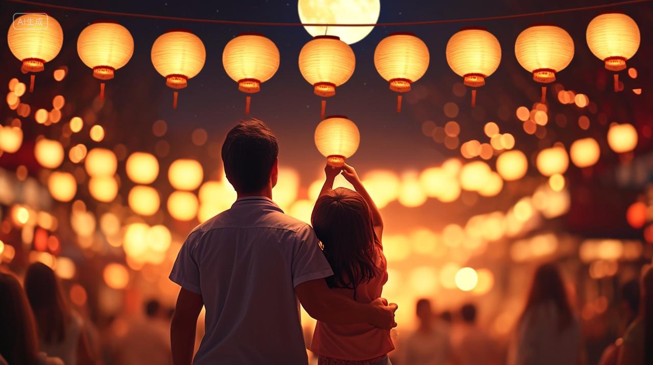 传统节日中秋节爸爸和女儿挂灯笼祈福