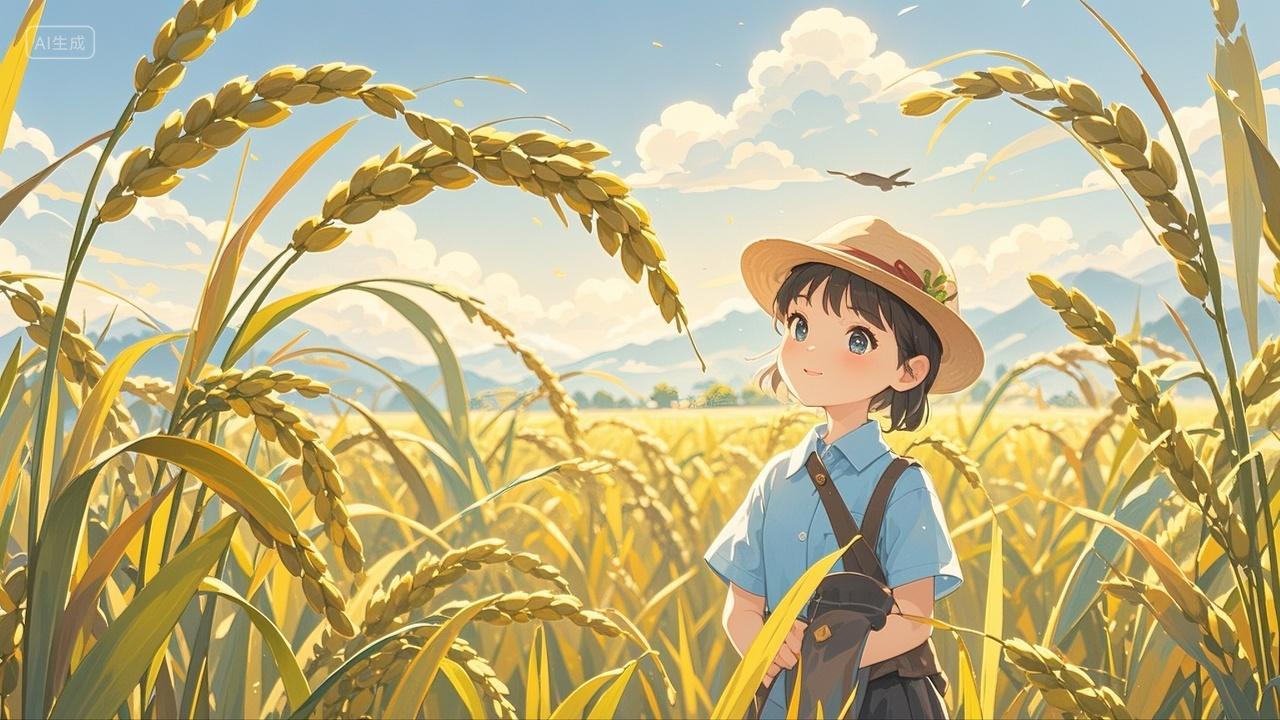 清新稻田成熟丰收大麦小麦麦穗插画秋季立秋天