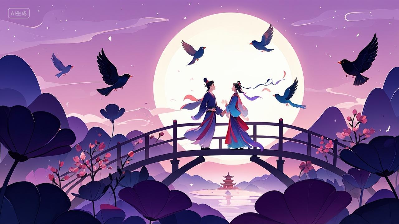牛郎织女鹊桥相会插画七夕情人节