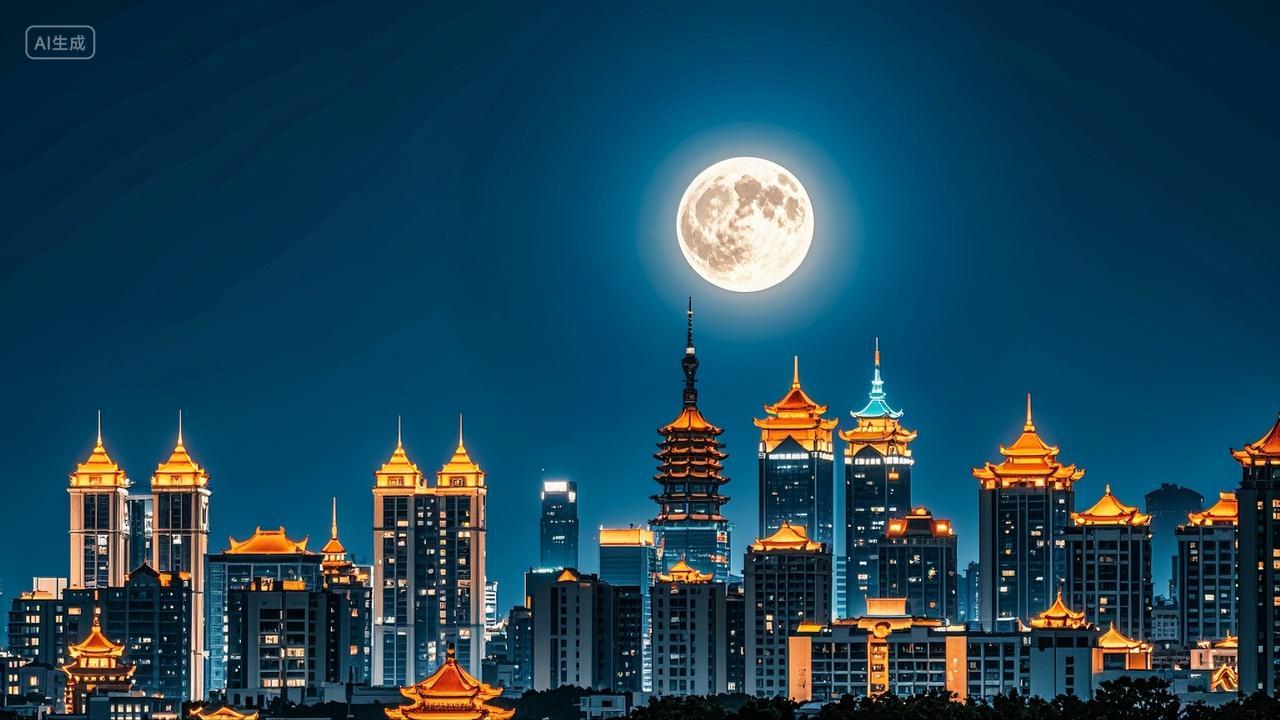 中秋圆月下的城市建筑月亮明月夜景中秋节八月十五