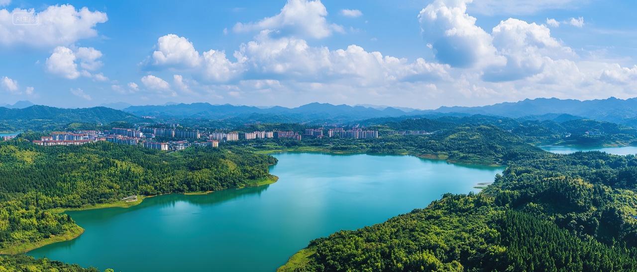 城市湖面建筑座落在山水中
