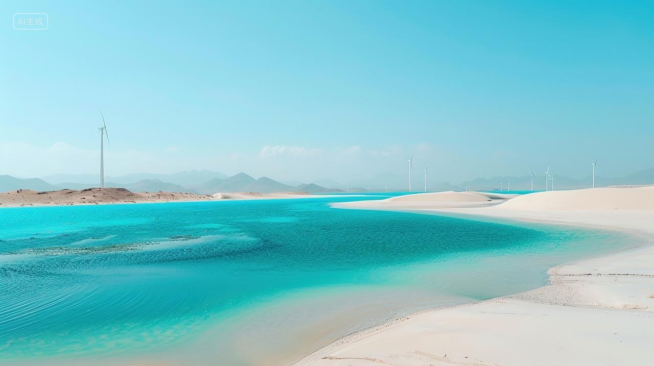 蔚蓝色的海水和天空风车背景