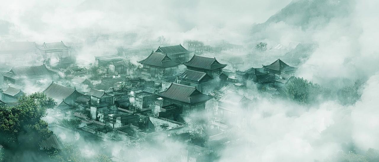 青色古风水墨建筑