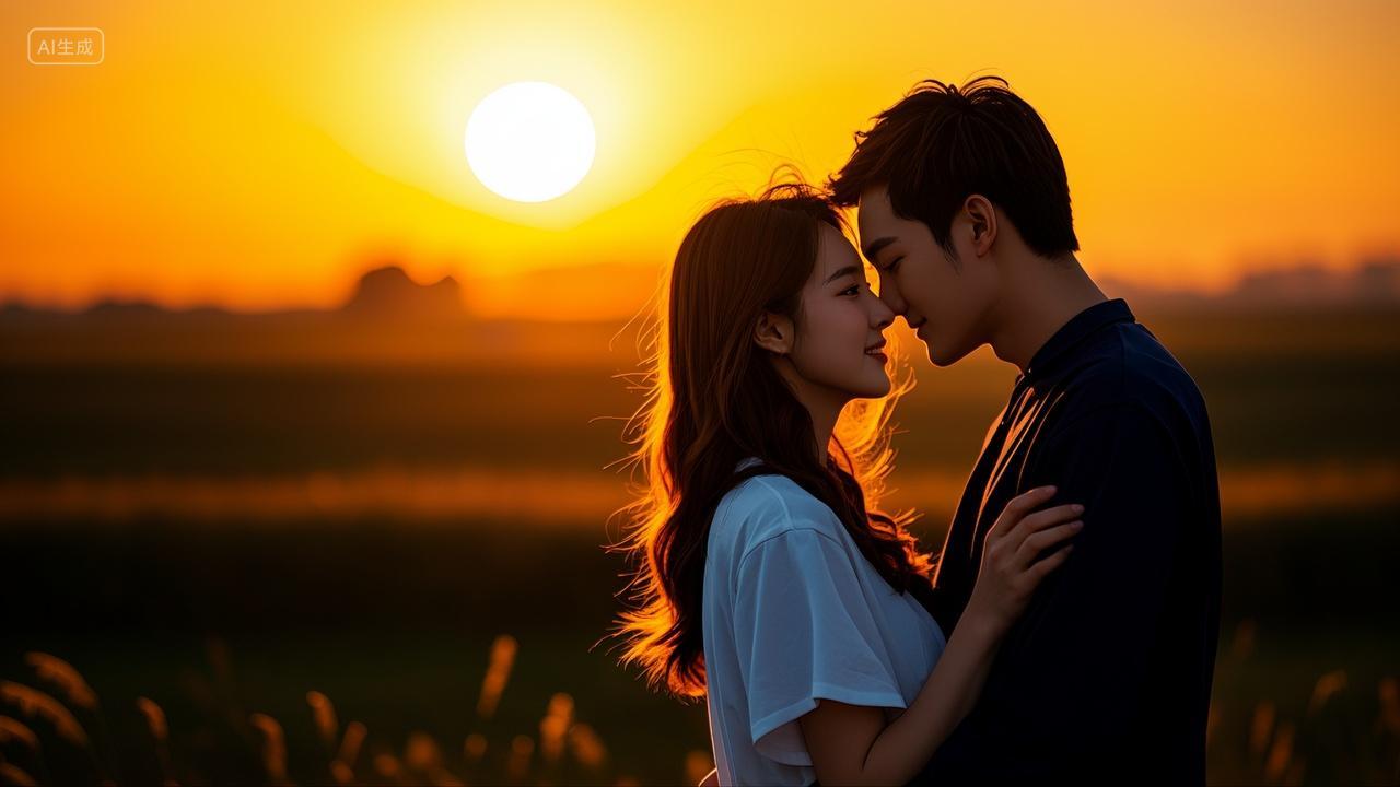 夕阳下恩爱的年轻情侣情人节