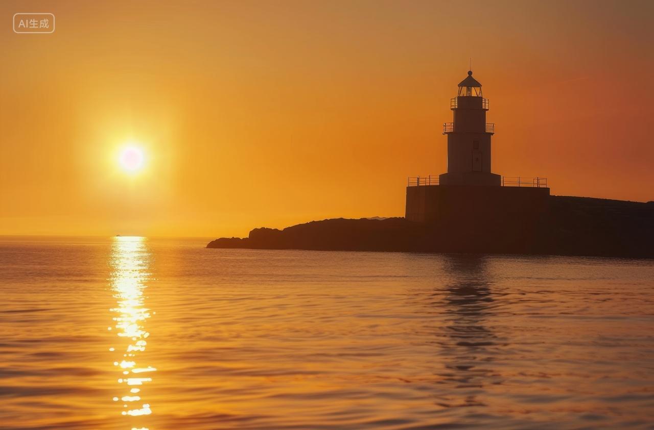 海边日出与灯塔剪影