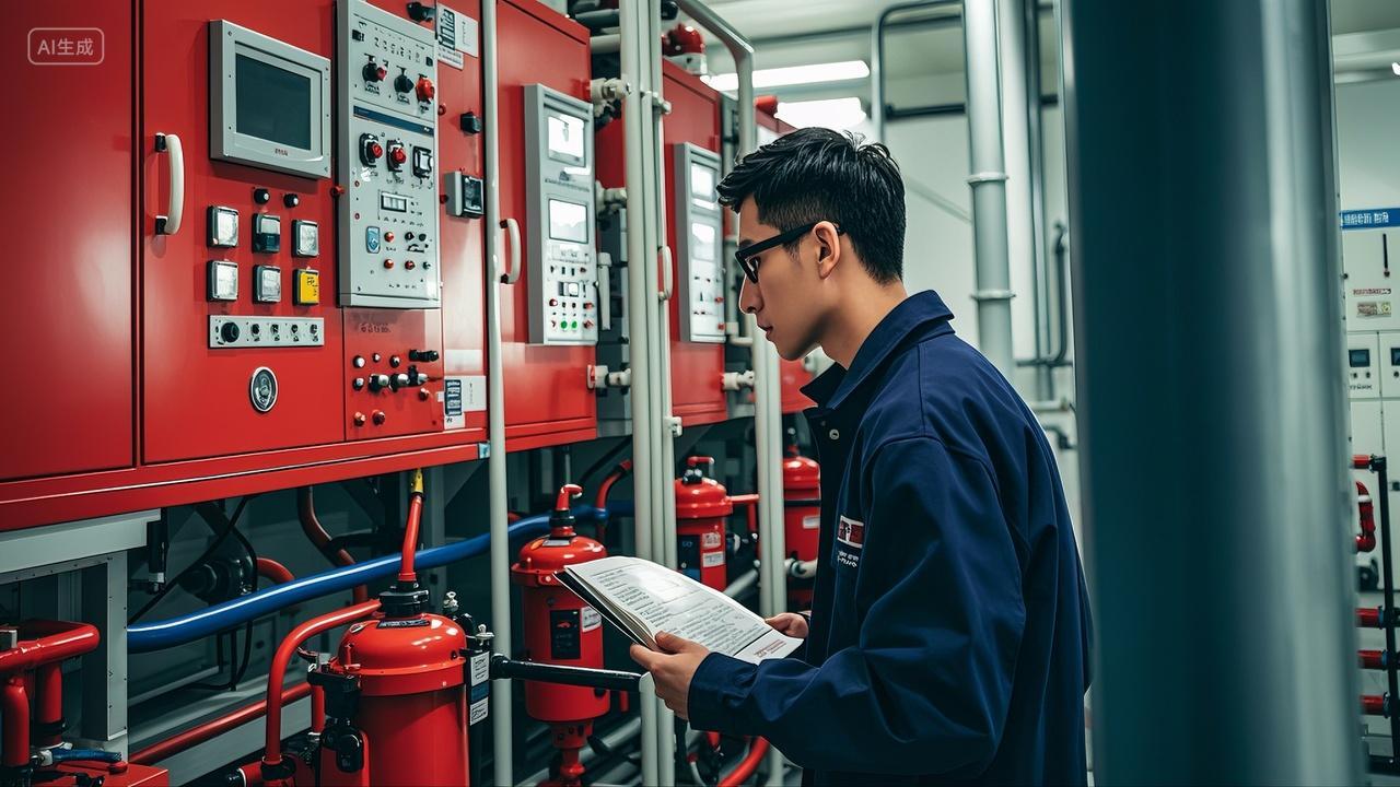 技术人员在工厂消防室检查安全检查