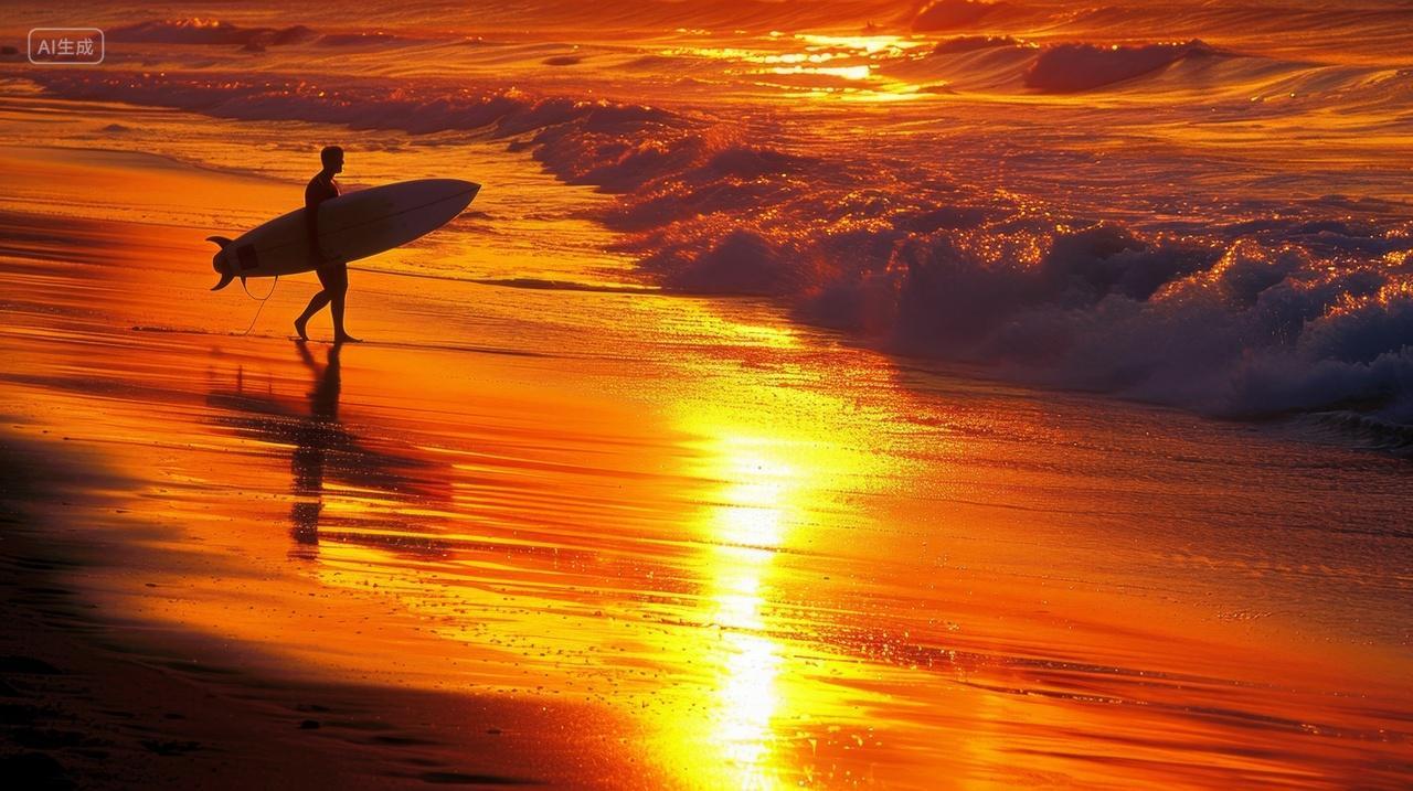 落日余晖下的抱着冲浪板的冲浪者夕阳电脑壁纸