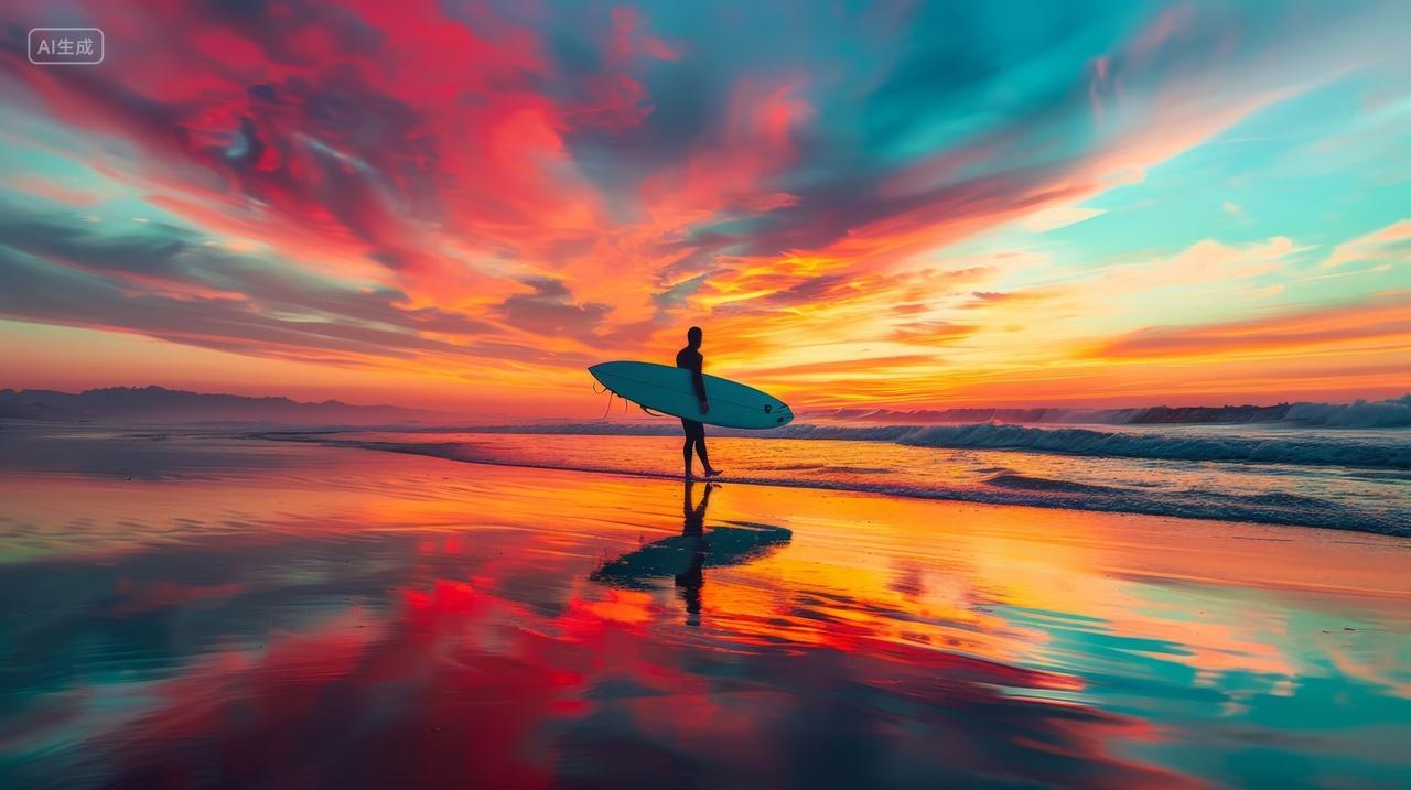 落日余晖下的抱着冲浪板的冲浪者度假旅游