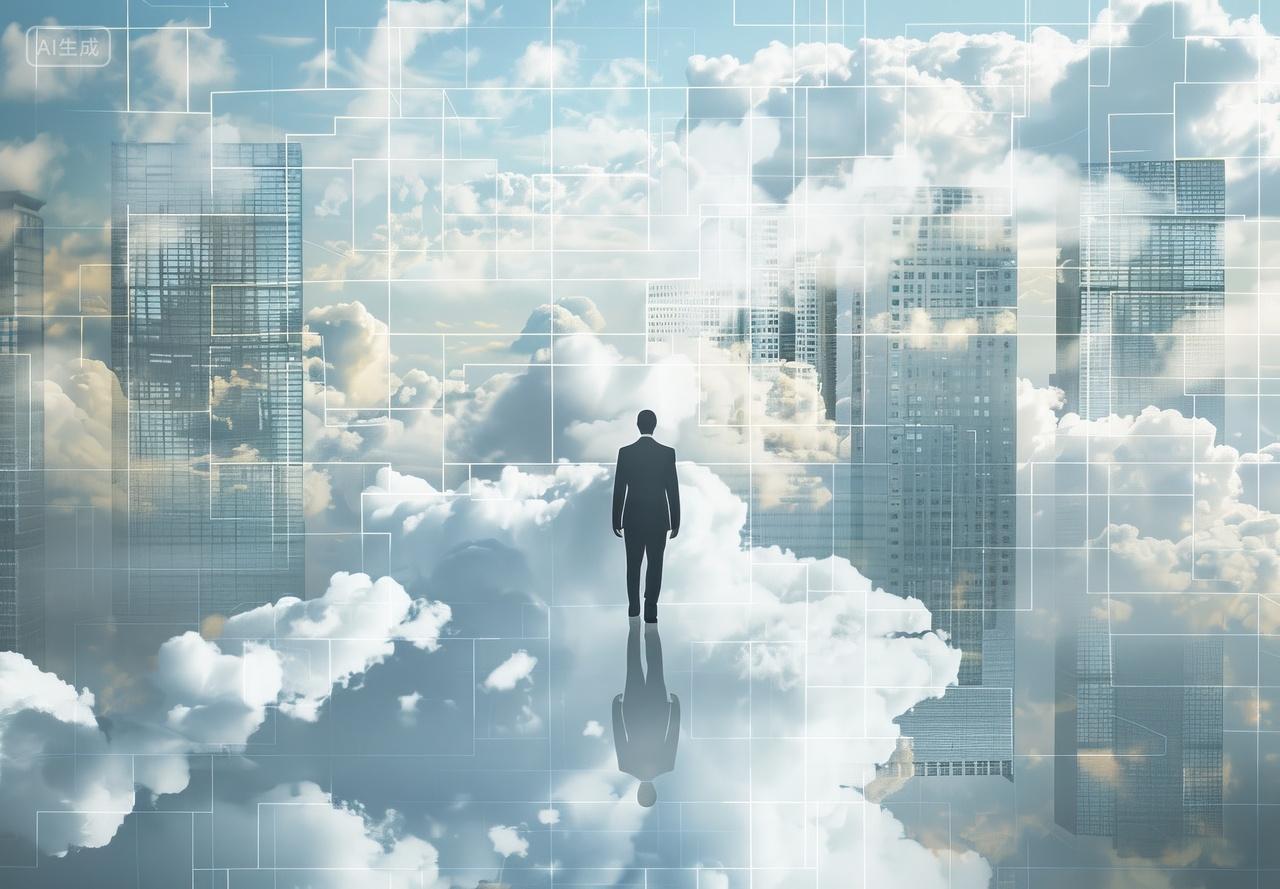 超现实商务概念插图云端漫步的男人背影