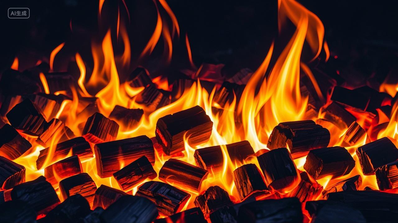 燃烧木柴木炭篝火火炉特写