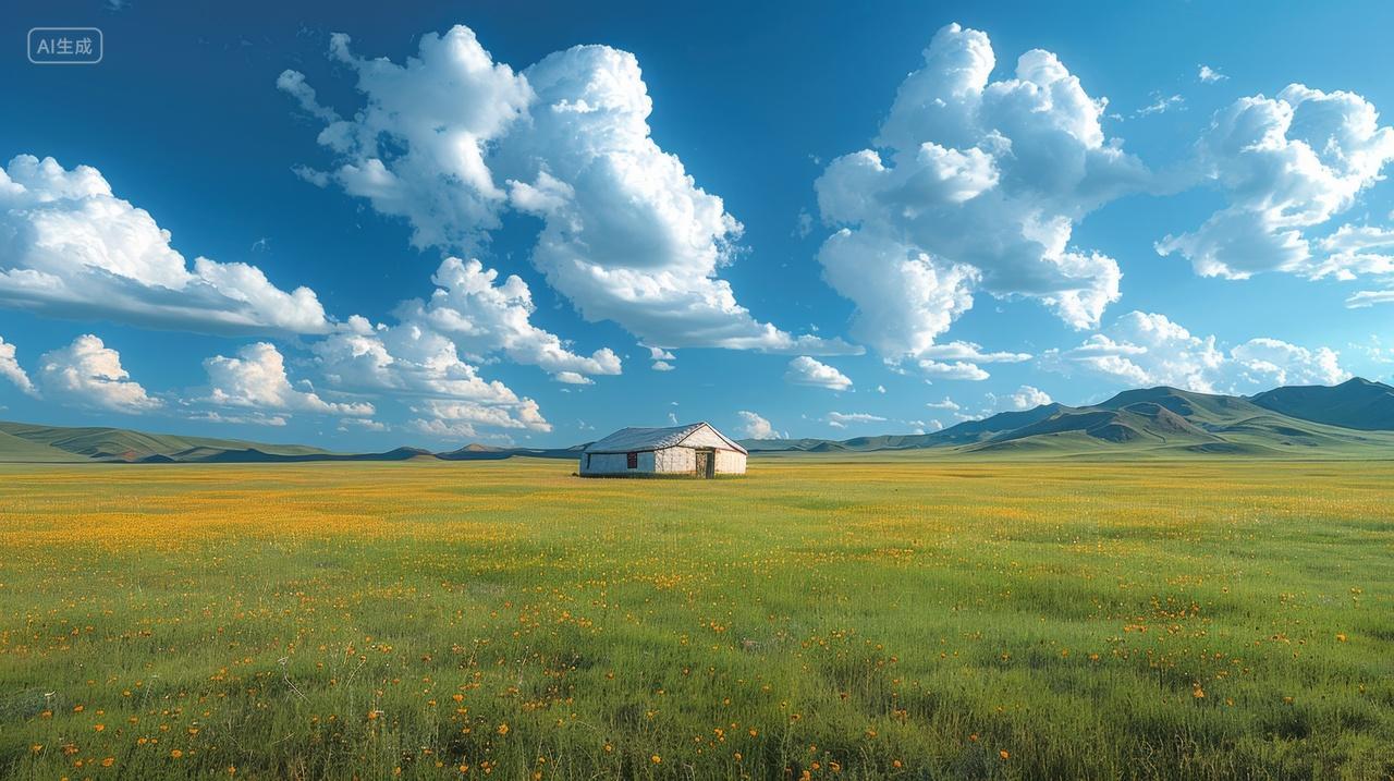 蓝天白云绿色草原蒙古包