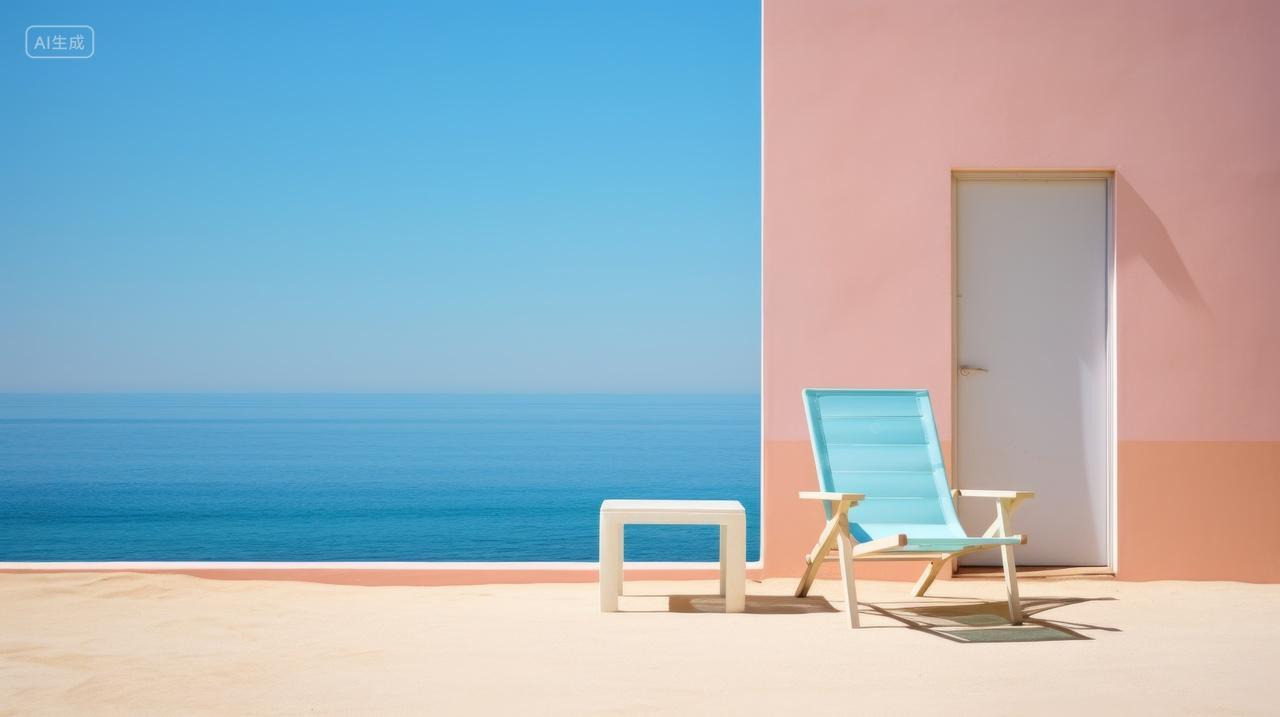 夏日休闲，粉色墙面与躺椅和蓝色大海