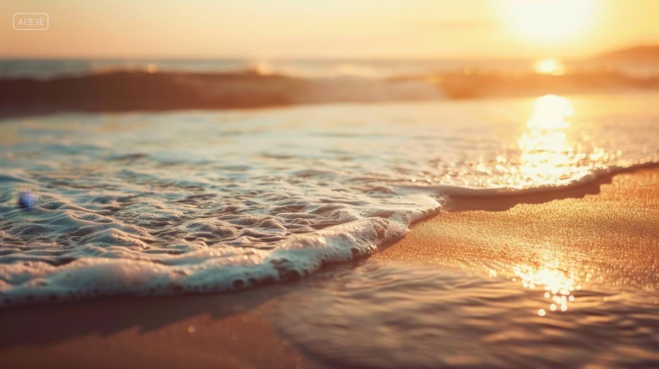 日落黄昏下的的沙滩海浪