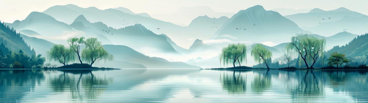 宽屏中国风绿色水墨水彩山水背景