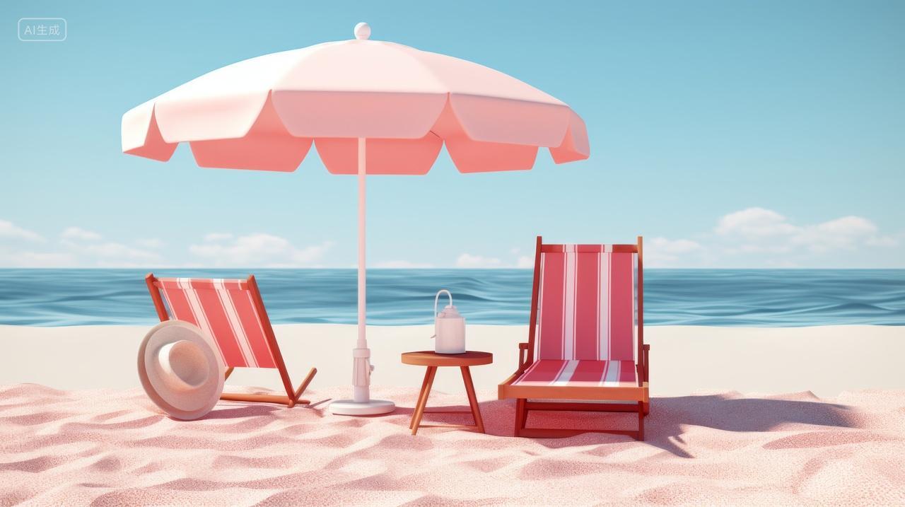 夏日休闲，沙滩上的躺椅和遮阳伞