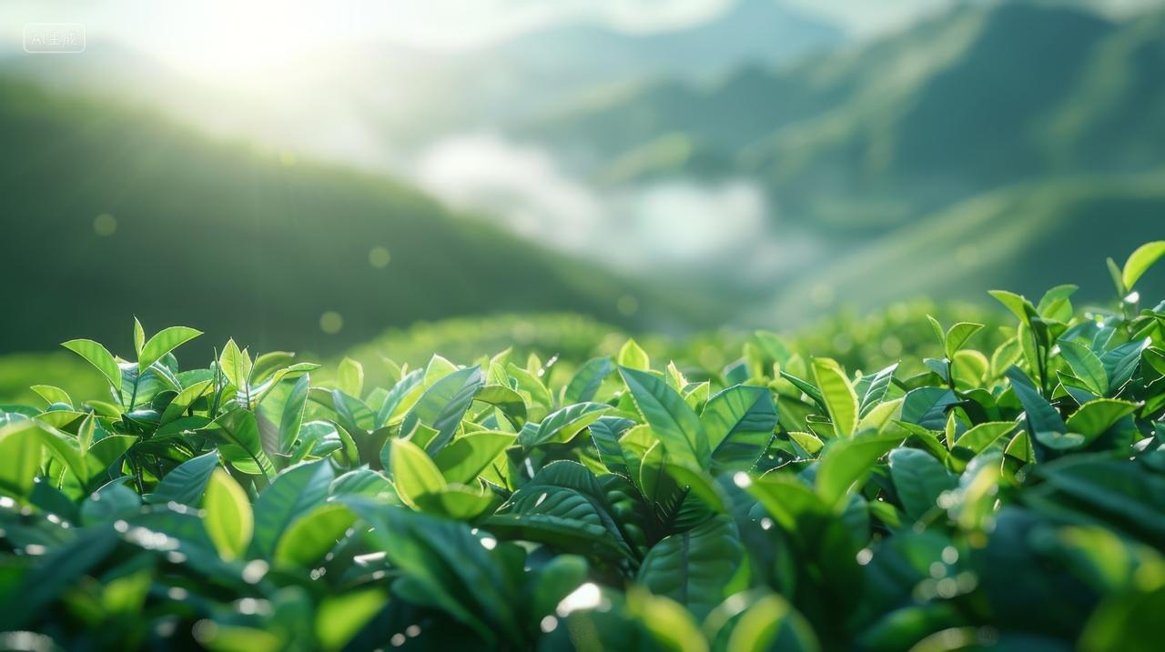 低视角阳光下的绿色茶树茶叶