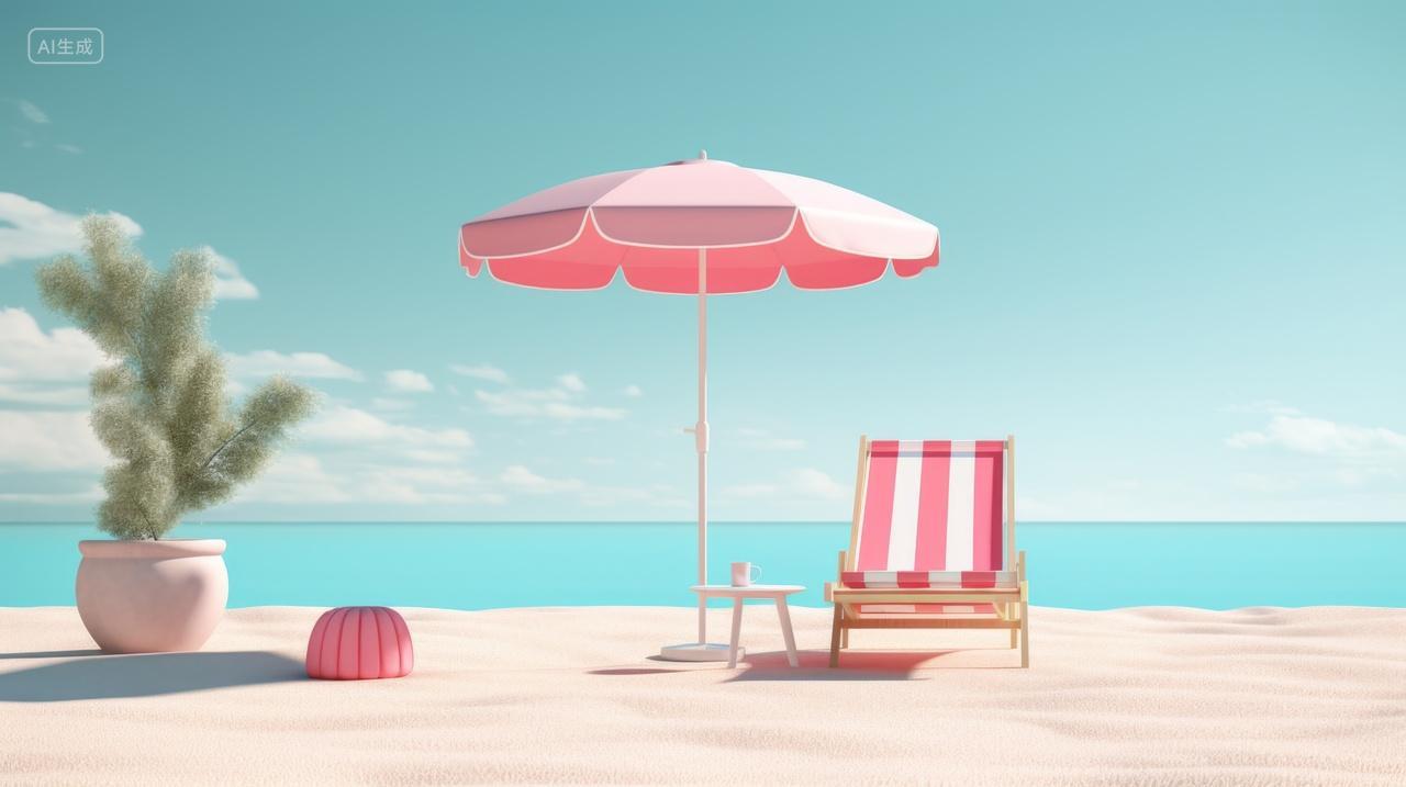 夏日休闲，远处的大海和沙滩上的躺椅遮阳伞