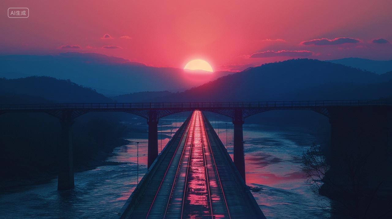 横桥竖轨映残阳