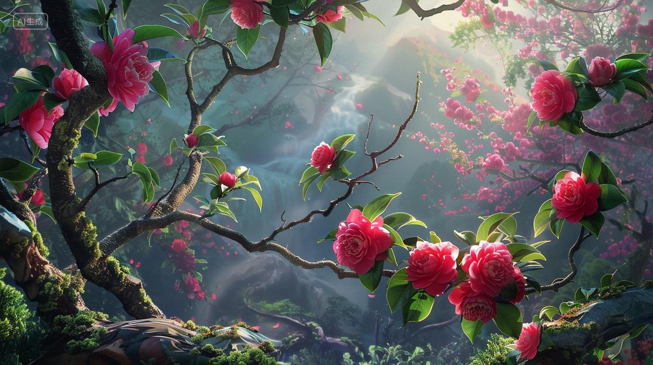 山茶盛开瀑声中