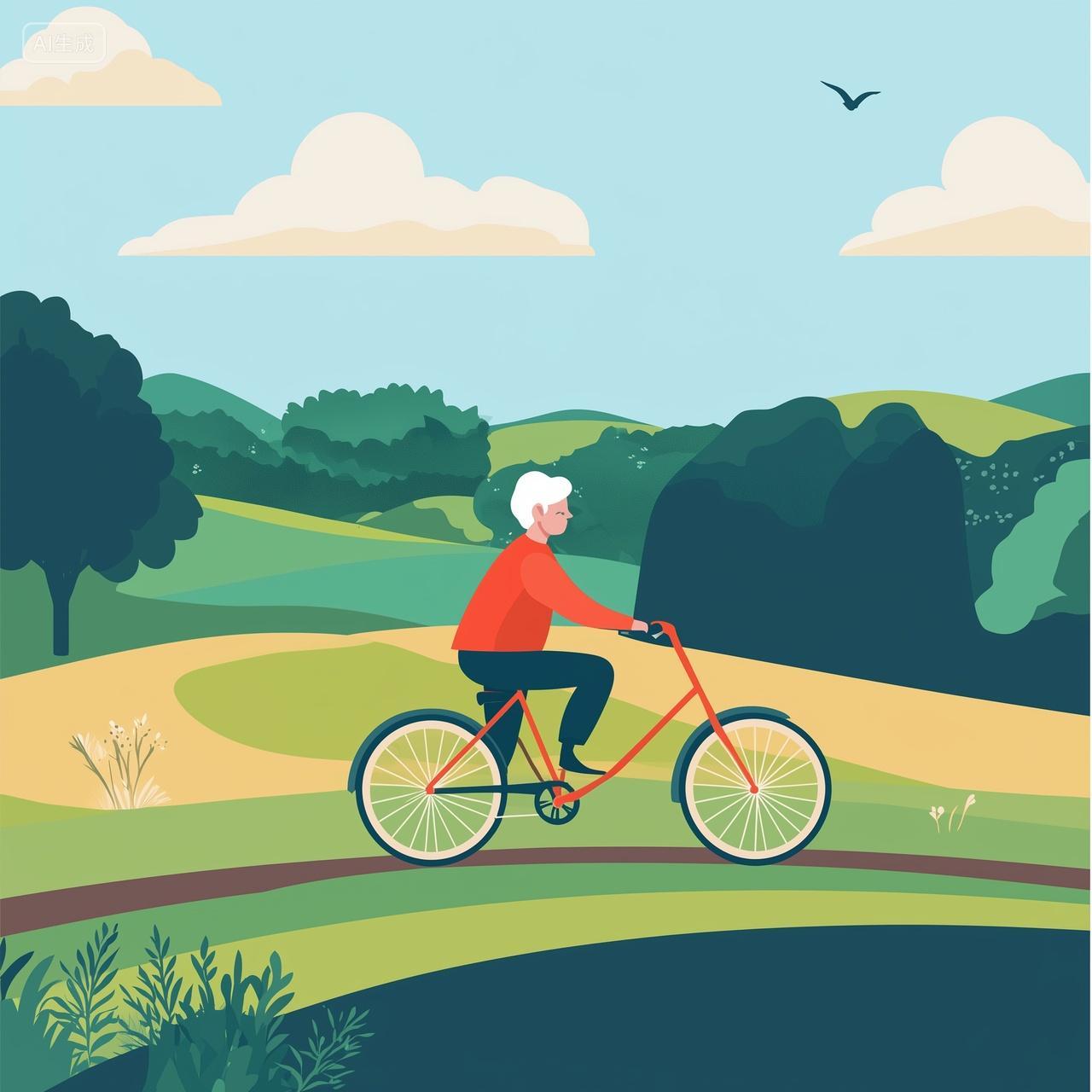 老年女性在山间骑行插画