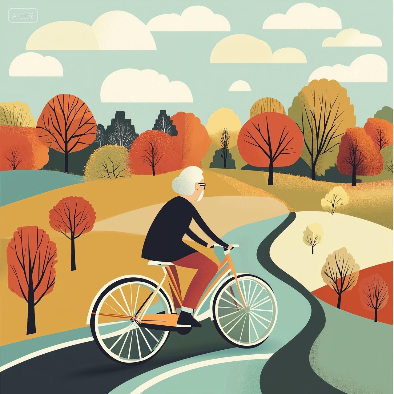 老年人骑自行车欣赏秋景插画
