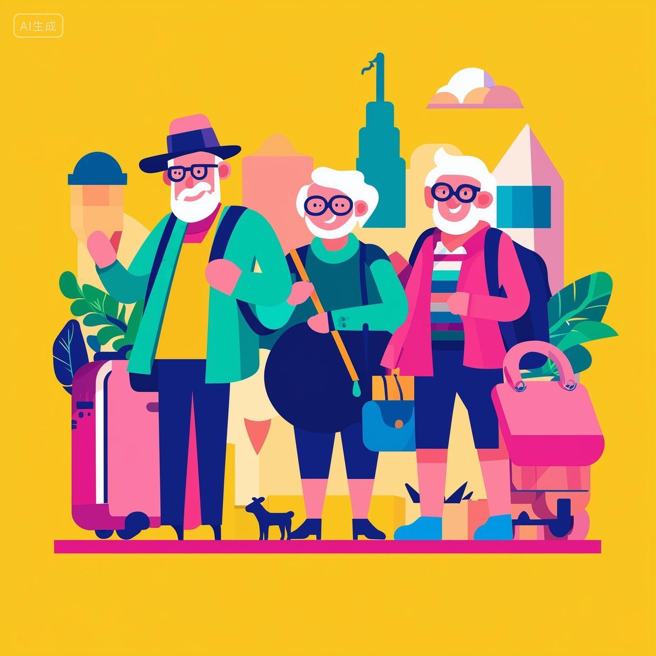 老年旅行团队步行街头插画