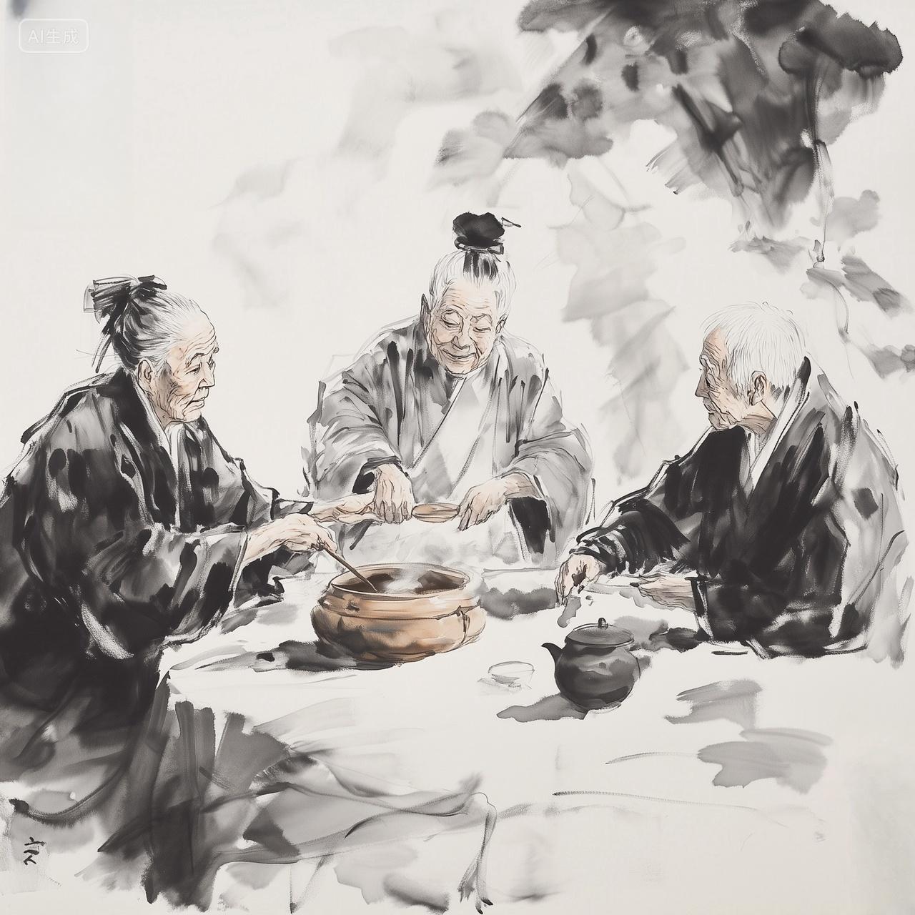 老人享受家庭聚餐的时刻国画