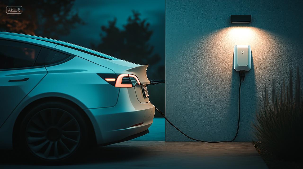 夜晚一辆智能新能源电动汽车在户外充电