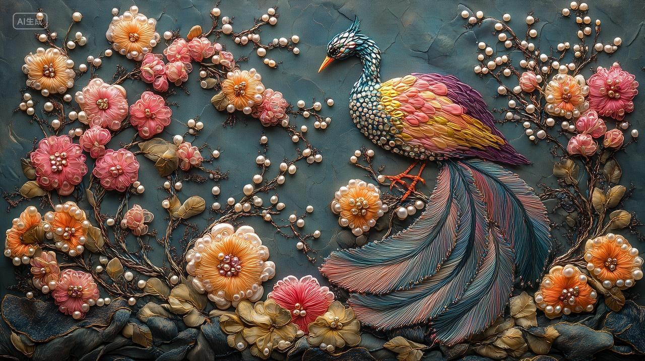 一幅花鸟风景刺绣图电脑壁纸商用针织刺绣