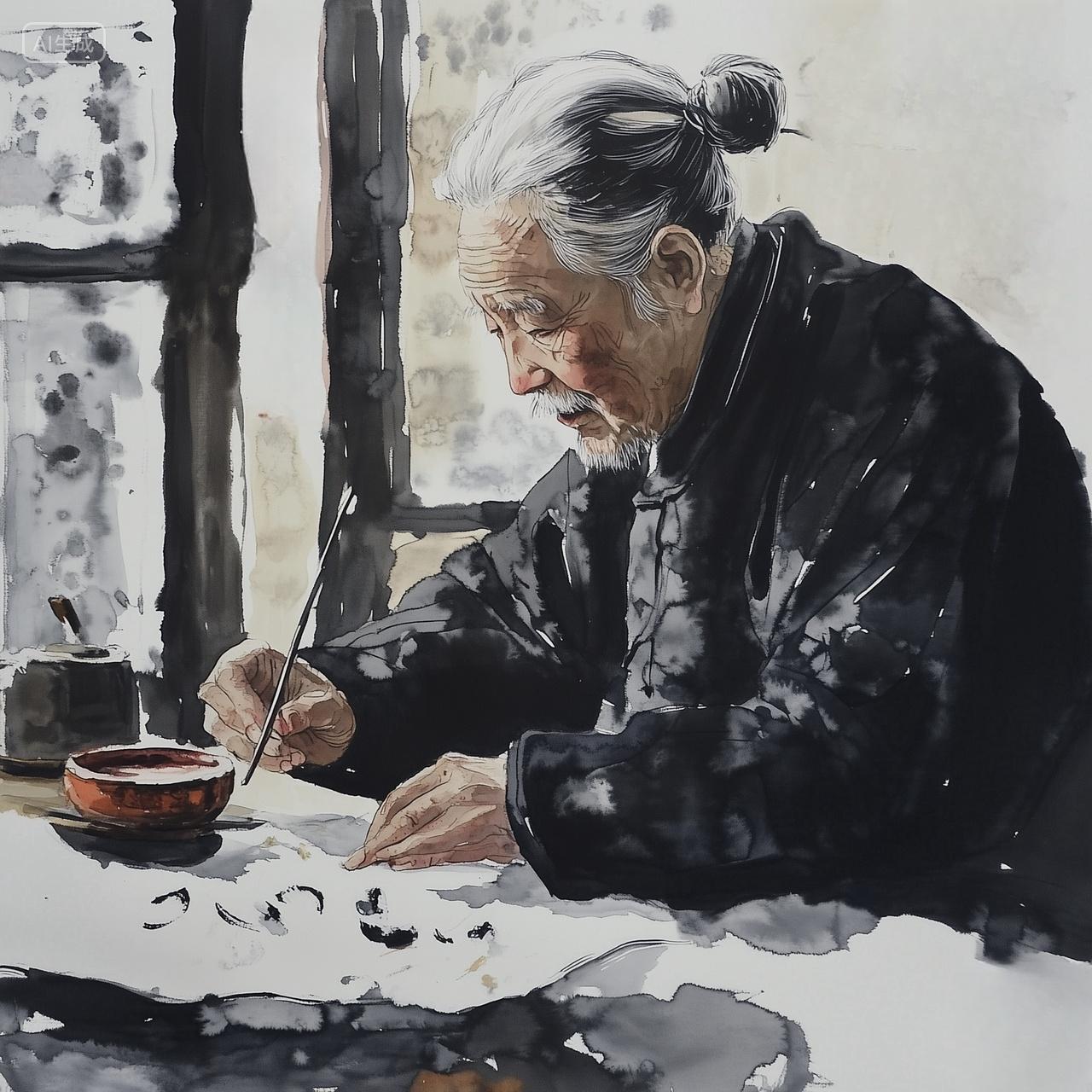 专注书法创作的老年人