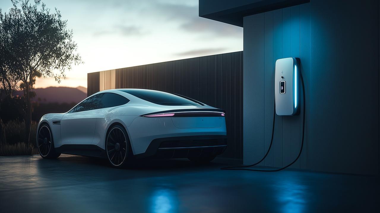 傍晚一辆白色智能新能源电动汽车在户外充电