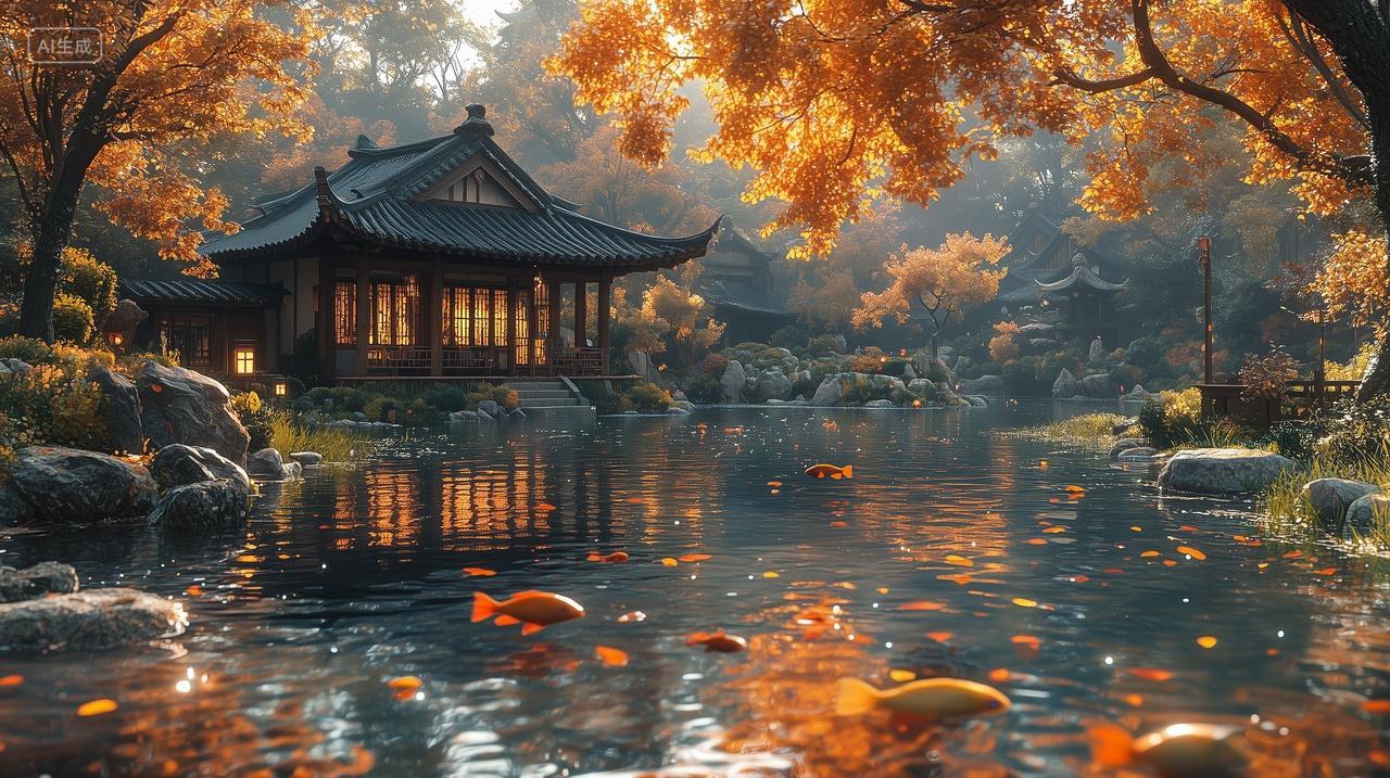 苏州园林古建筑鱼池一角风景电脑壁纸商用旅游