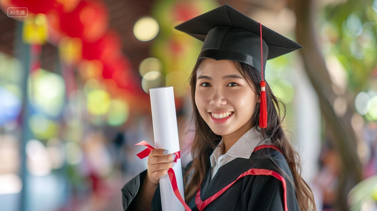 毕业季身穿学士服手拿毕业文凭的女大学生